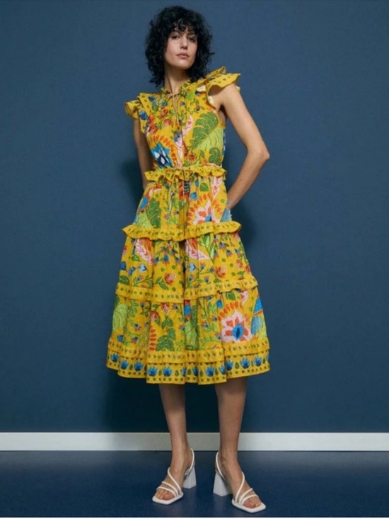 FARM Rio Dresses & Skirts - Farm Rio Yellow Summer Garden
Frill Midi Dress Sz Medium